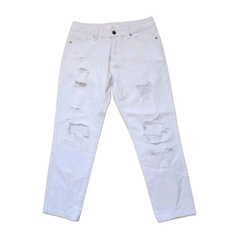 Kancan White Denim Jeans Straight Leg Distressed Mid Rise Stretch Sz 7 EUC